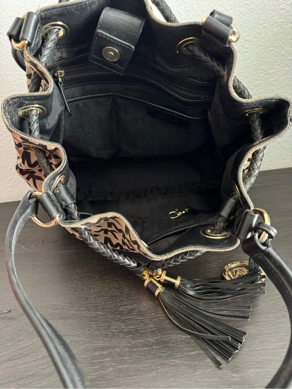 Michael Kors Brown & Black MK Logo Shoulder Bag with Tassel